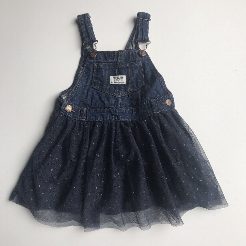 Oshkosh B’Gosh Vestbak Overall Dress Navy Tulle Gold Sparkle Polka Dot Size 3T